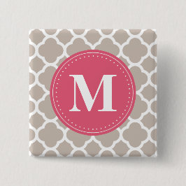 Roze monogram Linen Gray Quatrefoil Patroon Vierkante Button 5,1 Cm