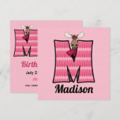 Roze monogram M Birthday Party Kind Kaart (Voorkant / Achterkant)