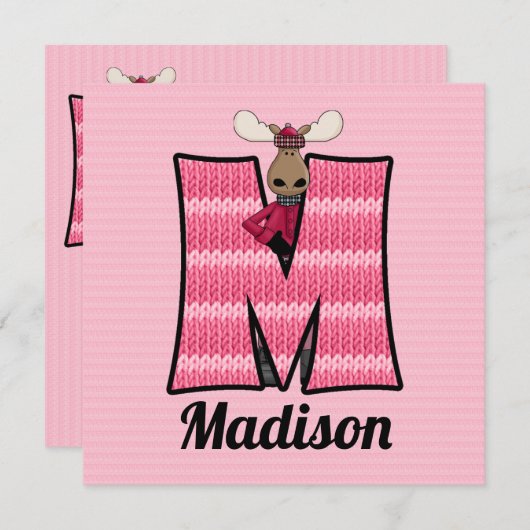 Roze monogram M Birthday Party Kind Kaart (Voorkant / Achterkant)