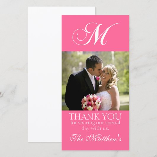 Roze Monogram M bruiloft Dank u fotokaart Bedankkaart (Voorkant / Achterkant)