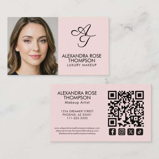 Roze Monogram Make-up Qr Code Social Icon Visitekaartje (Voorkant / Achterkant)