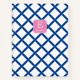 Roze monogram met blauwe en witte bamboe trrellis notitieboek