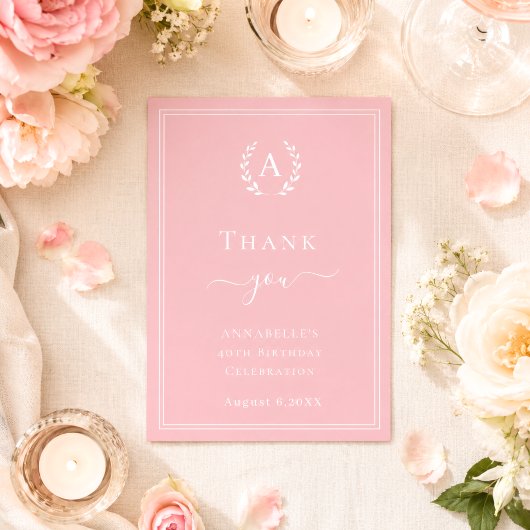 Roze monogram minimalistische verjaardag bedankkaart