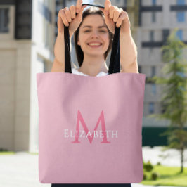 Roze Monogram Moderne Naam Initiaal Boodschappenta Tote Bag