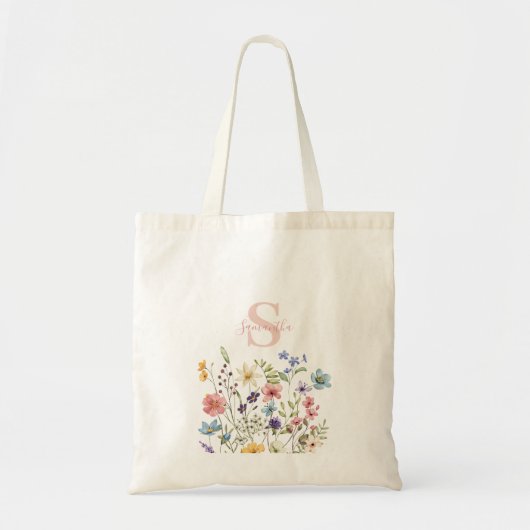Roze Monogram Naam Floral Tote Bag (Voorkant)
