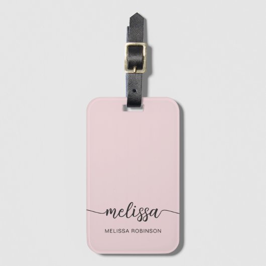 Roze Monogram Naam Handtekening Script Girly Blush Bagagelabel (Voorkant (verticaal))
