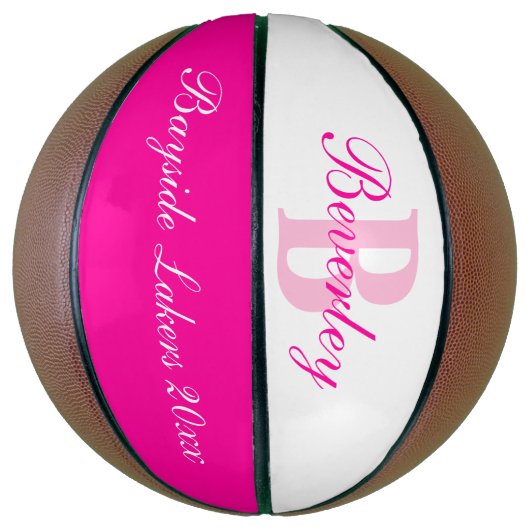 Roze monogram naam, initiaal en team basketbal (Verticaal)