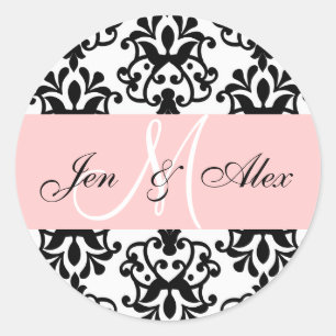 Roze monogram Namen Damask Wedding Seal Ronde Sticker