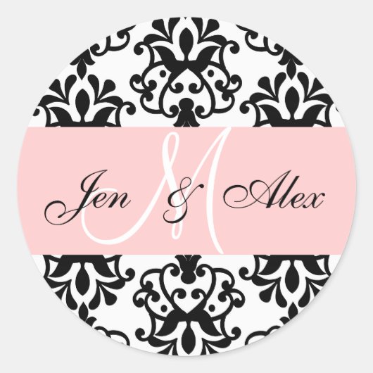 Roze monogram Namen Damask Wedding Seal Ronde Sticker (Voorkant)