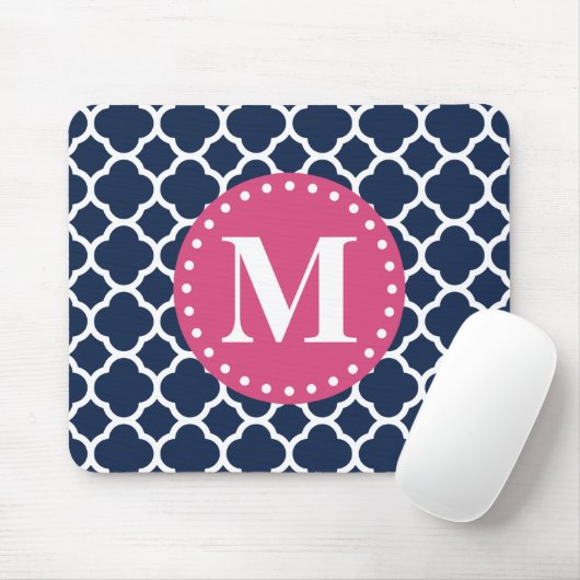 Roze Monogram Navy Quatrefoil Pattern Muismat (Met muis)
