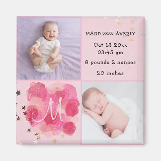 Roze Monogram Nieuwgeboren Baby Meisje Geboorte St Magneet