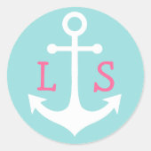 roze monogram op wit anker op pastelblauw ronde sticker (Voorkant)