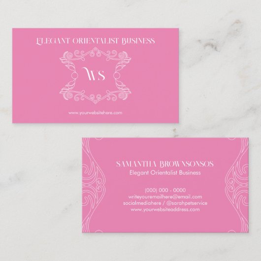 Roze Monogram Oriëntalistisch Ornament Visitekaartje (Voorkant / Achterkant)