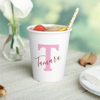 Roze Monogram Papieren Bekers | Aangepaste Naam