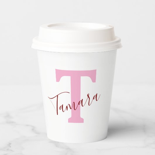 Roze Monogram Papieren Bekers | Eigen Naam (Voorkant)