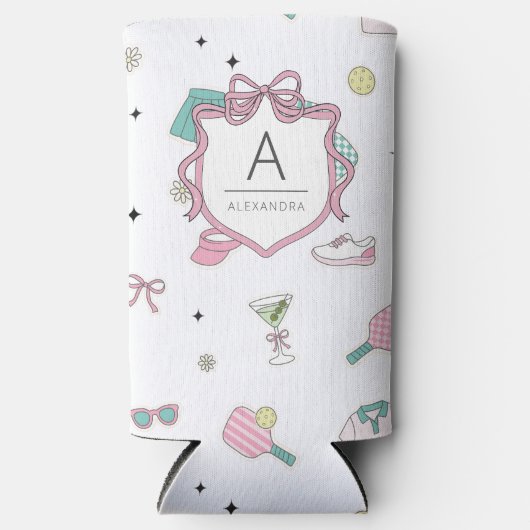 Roze Monogram Pickleball Cadeau voor Haar Seltzer Blikjeskoeler (Voorkant)