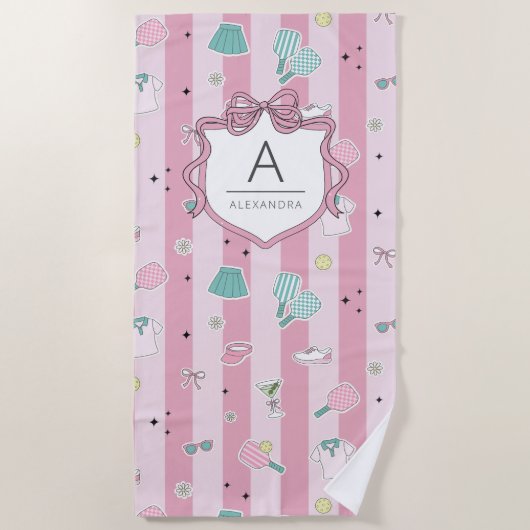 Roze Monogram Pickleball Cadeau voor Haar Strandlaken (Voorkant)