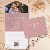 Roze Monogram QR-code Foto Trouwdatum All In One Uitnodiging