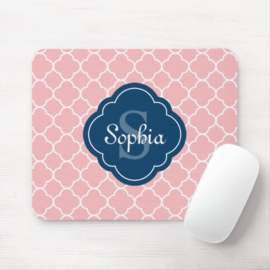Roze monogram Quatrefoil Pattern Muismat (Met muis)