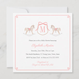 Roze Monogram Schommelpaard Meisje Baby Shower Kaart