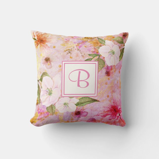 Roze monogram script floral waterverf  kussen (Voorkant)