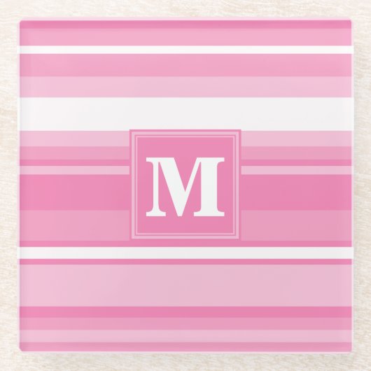 Roze monogram strepen glazen onderzetter (Voorkant)