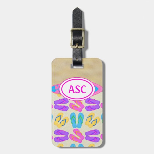 Roze Monogram Teenslippers Beach Bagagelabel (Voorkant verticaal)