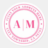 Roze Monogram Terugadres Ronde Sticker (Voorkant)