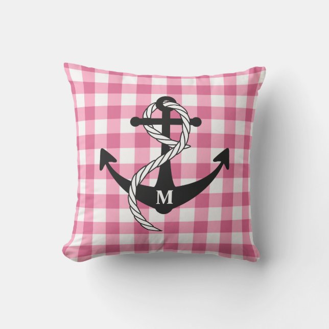 Roze monogram van het anker van Gingham Buitenkussen (Voorkant)