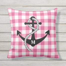 Roze monogram van het anker van Gingham Buitenkussen
