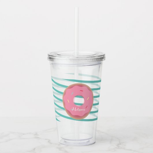 Roze monogram van het Donut Ribbon Stripes, bevror Acryl Drinkbeker (Voorkant)