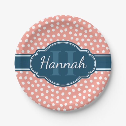 Roze monogram van het witte patroon papieren bordje (Voorkant)