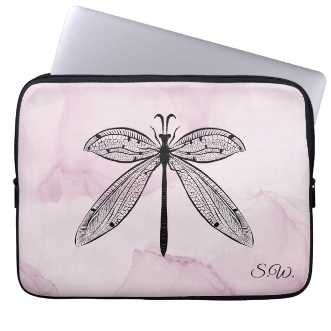 Roze monogram voor de kramp van Dragonfly Laptop Sleeve (Voorkant)