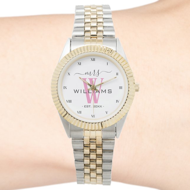 Roze Monogram Vrouw Bruid Mevrouw Bruiloft Jubileu Horloge (mrs wife monogram roman numeral two tone watch)