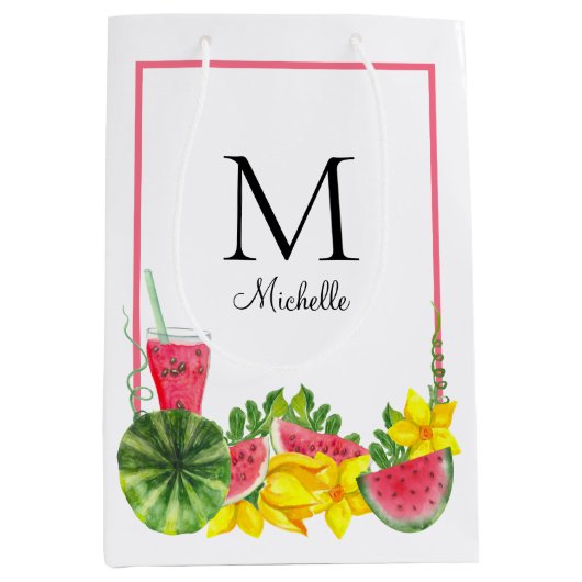 Roze Monogram Watermeloenen Naam Medium Cadeauzakje (Voorkant)