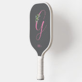 Roze monogram waterverf bloem grijs naam pickleball paddle (Links)