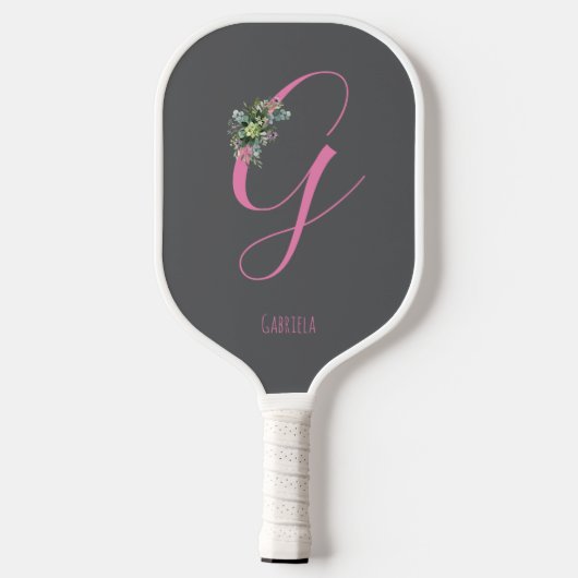 Roze monogram waterverf bloem grijs naam pickleball paddle (Achterkant)