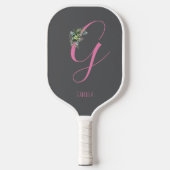 Roze monogram waterverf bloem grijs naam pickleball paddle (Voorkant)
