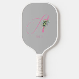 Roze monogram waterverf bloem grijs pickleball paddle