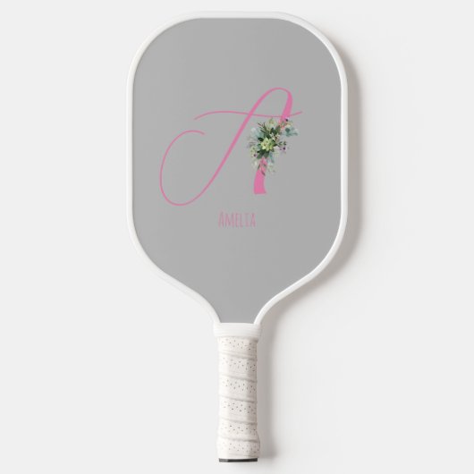 Roze monogram waterverf bloem grijs pickleball paddle (Voorkant)