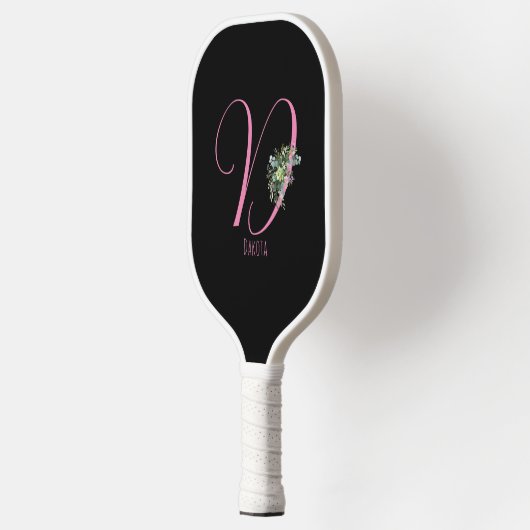 Roze monogram waterverf bloem zwart pickleball paddle (Links)