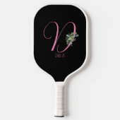 Roze monogram waterverf bloem zwart pickleball paddle (Achterkant)