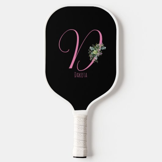 Roze monogram waterverf bloem zwart pickleball paddle (Achterkant)