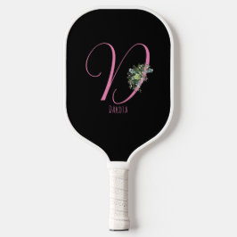 Roze monogram waterverf bloem zwart pickleball paddle