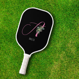 Roze monogram waterverf bloem zwart pickleball paddle
