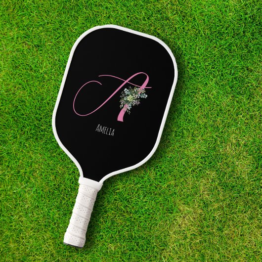 Roze monogram waterverf bloem zwart pickleball paddle