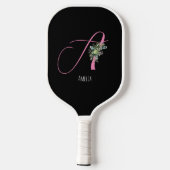 Roze monogram waterverf bloem zwart pickleball paddle (Achterkant)