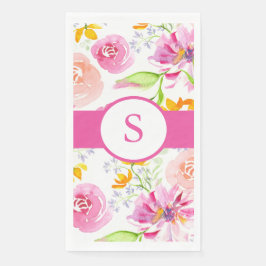 Roze Monogram Waterverf Bloemen Servet