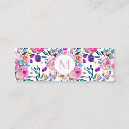 Roze monogram Waterverf Flowers Mini Visitekaartje (Voorkant)