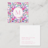Roze monogram Waterverf Flowers Vierkante Visitekaartje (Voorkant / Achterkant)
